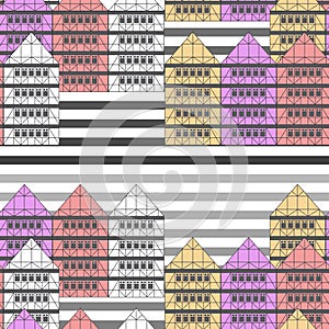 Seamless German vintage houses background on striped background. Print design paper cloth web. Vector image