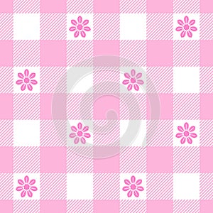 Seamless gingham pattern with bright coloured flowers with pink undertones