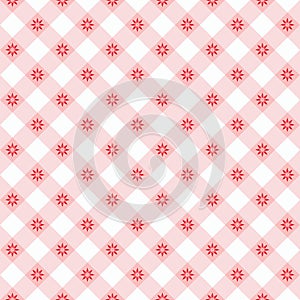 Seamless gingham pattern with red flowers in star shape with pink undertones