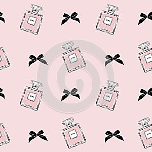 Seamless glamour pattern with cologne perfume and bows in hand drawn style. Fragrance bottle seamless pattern. Hand drawn perfumer