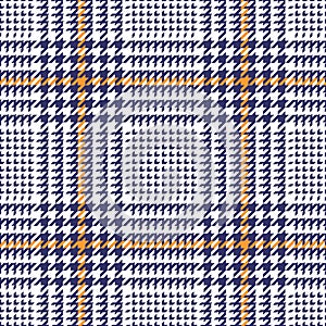 Seamless glen plaid texture in blue, orange, white. Tweed tartan plaid hounds tooth graphic vector pattern for jacket, coat, skirt