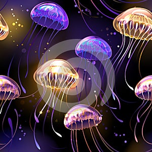 Seamless with glowing jellyfish on black background