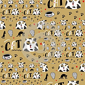 Seamless gold background with cat with black spots and big eyes.