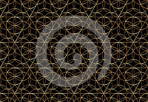 Seamless gold Flower of life symbol on black background, Sacred Geometry. Golden Geometric mystic mandala of alchemy esoteric sign