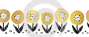 Seamless gold foil flowers vector border. Cute metallic golden florals repeating pattern. Botanical minimalistic doodle
