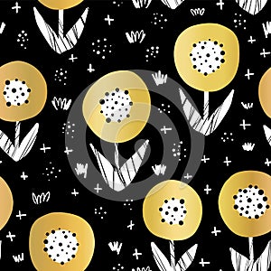 Seamless gold foil flowers vector pattern. Metallic shiny golden florals on black repeating pattern. Botanical