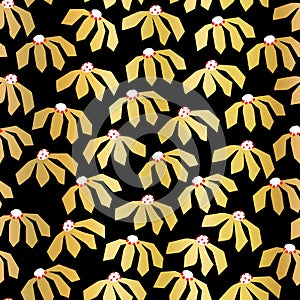 Seamless gold foil flowers vector pattern. Metallic shiny golden florals on black repeating pattern. Botanical minimalistic doodle