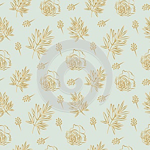 Seamless gold line floral vector pattern on a mint turquoise hand drawn background.Botanical repeating