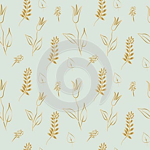Seamless gold line floral vector pattern on a mint turquoise hand drawn background.Botanical repeating