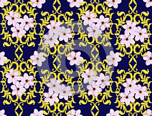 Seamless Gold Pattern with Cherry Blossom