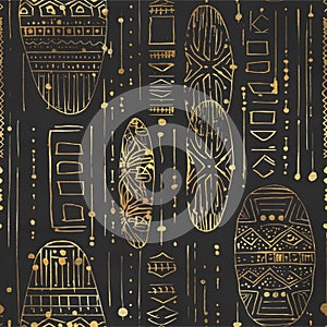 Seamless Gold Tribal Pattern on Black Background â Ethnic Abstract Design