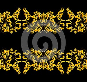 Seamless Golden Baroque Luxury Design on Black Background. Vintage Style Pattern Ready for Textile and Silk Print.