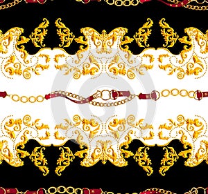 Seamless Golden Chains and Belts Pattern. Repeat Antique Decorative Baroque for Decor, Fabric, Prints, Textile. with Dark Purple a