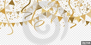 seamless golden colored confetti, garlands and streamers party background