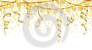 seamless golden colored confetti, streamers and garlands background