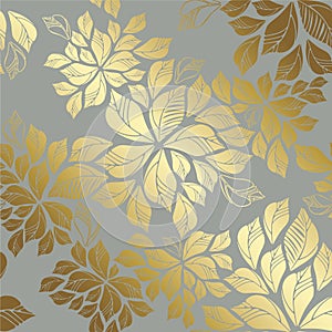 Seamless golden leaves pattern on grey background