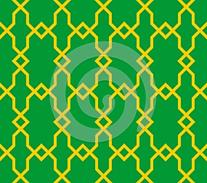 Seamless golden pattern on green background. Interweaving of geometric shapes. Vector drawing