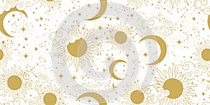 Seamless golden space pattern with sun, crescent, planets and stars on a white background. Mystical ornament of the