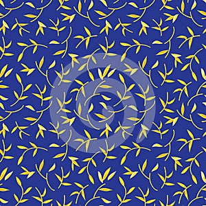 Seamless Golden Yellow Leaf Pattern With Blue Background