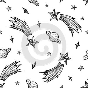 Seamless graphic cosmos with comets. Hand-drawn clipart for art work and weddind design.