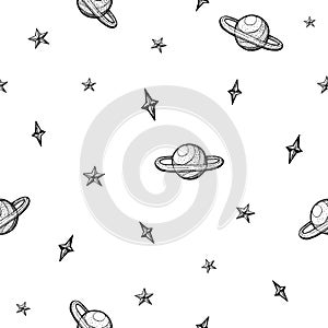 Seamless graphic cosmos with stars. Hand-drawn clipart for art work and weddind design.