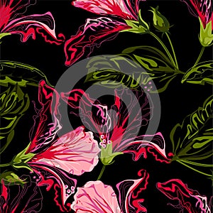 Seamless graphic design, hibiscus flowers in abstract styles on black background,vector illustration