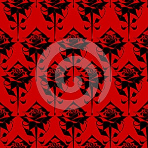 seamless graphic floral pattern black roses on red background, texture