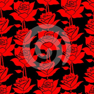 seamless graphic floral pattern red roses on black background, texture