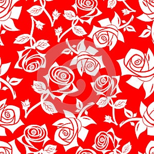 seamless graphic floral pattern white roses on a red background