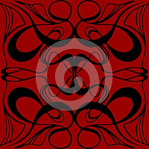 seamless graphic pattern, tile with abstract geometric black ornament on dark red background