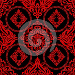 seamless graphic pattern, tile with abstract geometric red ornament on black background