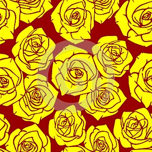 seamless graphic pattern of yellow silhouettes of roses on a red background