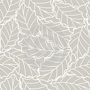 seamless gray abstract background with white oak leaves drawn by thin lines