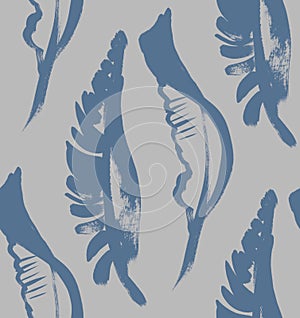 Seamless gray pattern with dark blue tropical palm leaves arranged vertically