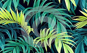 Seamless greeen hand drawn tropical vector pattern with palm leaves on dark background.