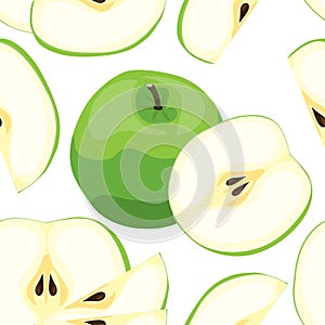 Seamless green apple pattern. Tile vegetarian background. Repeating fruit wrapping paper texture. Vector illustrated