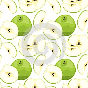 Seamless green apple pattern. Tile vegetarian background. Repeating fruit wrapping paper texture. Vector illustrated