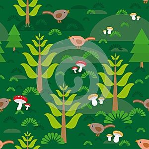 Seamless green background with fir trees mushrooms birds.