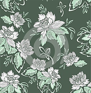 Seamless green background with gray flowers