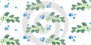 Seamless Green Fish Bubbles Pattern