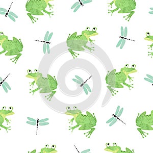 Seamless green frog pattern. Vector watercolor illustration with frogs and dragonflies