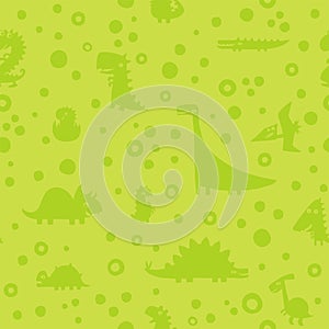 Seamless green pattern with Cartoon funny dinosaurs