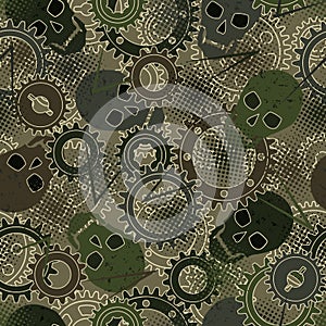 Seamless green pattern with silhouette of gears, skulls