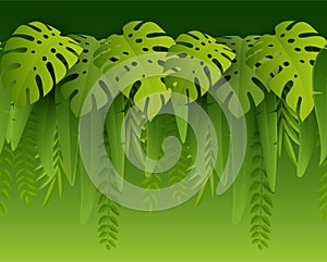 Hot Summer Tropical Leaves. Paper cut style. Monstera and palm leaf. Tropic border. Vector illustration