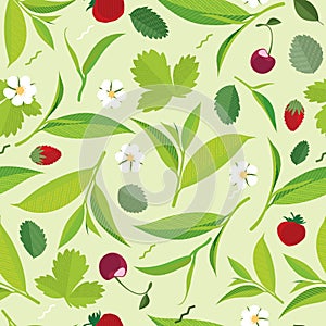 Seamless Green tea leaves pattern, lemon, cherry