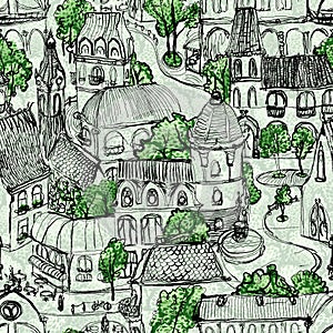 Seamless green town illustration