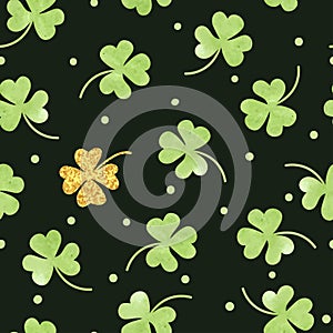 Seamless green watercolor clover pattern. Vector background for Saint Patrick`s Day.