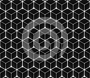 Seamless grid pattern of three-dimensional cubes and small spheres in black and white