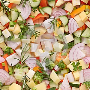 Seamless grocery pattern with bright pieces of vegetables