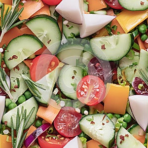 Seamless grocery pattern with bright pieces of vegetables
